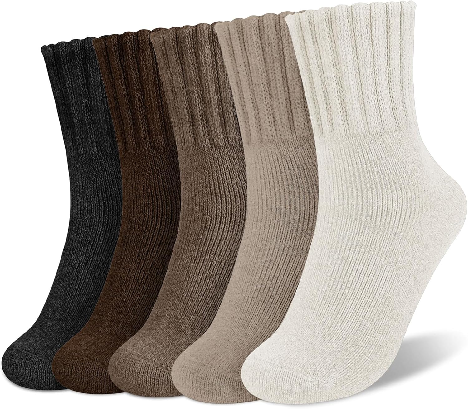 Five pairs of Arenzza women's solid mid-calf socks in various colors, displayed on a flat surface.