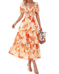 Aarenza women's floral square neck puff sleeve smocked tiered dress in pastel colors, perfect for summer wear.
