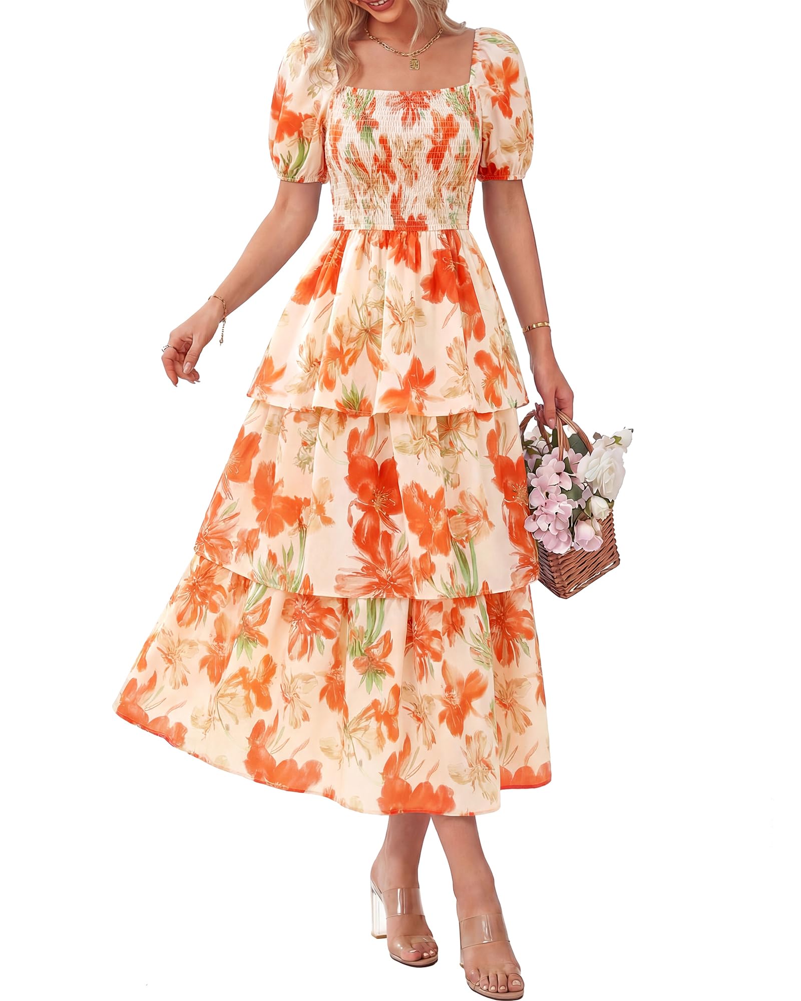 Aarenza women's floral square neck puff sleeve smocked tiered dress in pastel colors, perfect for summer wear.