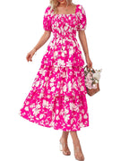 Arenzza women's floral square neck puff short sleeve smocked tiered dress, perfect for summer, with a vibrant floral pattern.