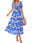 Aarenza women's floral square neck puff short sleeve smocked tiered dress with a fitted bodice and flowing skirt.