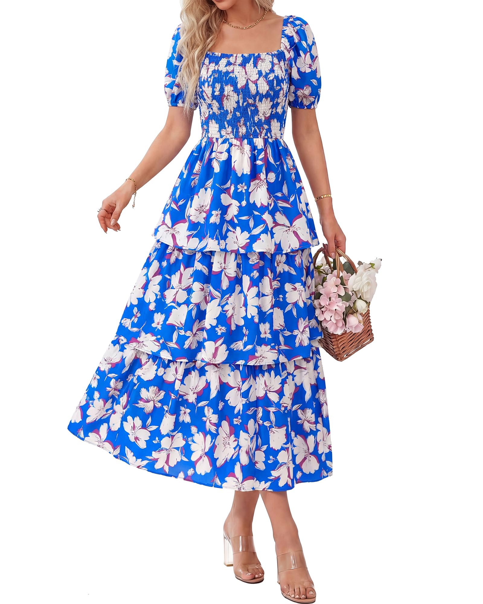 Aarenza women's floral square neck puff short sleeve smocked tiered dress with a fitted bodice and flowing skirt.