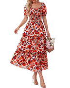 A women's floral square neck puff sleeve smocked tiered dress by Arenzza, featuring short sleeves and a flattering fit.