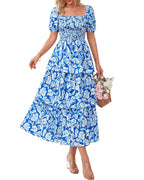 Aarenza women's floral square neck puff sleeve smocked tiered dress in bright summer colors, short sleeves, and floral pattern.