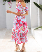 Arenzza women's floral square neck puff sleeve smocked tiered dress with short sleeves and floral pattern, perfect for summer.