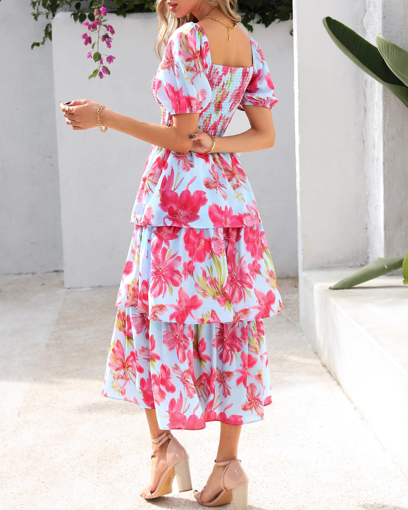Arenzza women's floral square neck puff sleeve smocked tiered dress with short sleeves and floral pattern, perfect for summer.