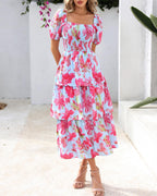 Aarenza women's floral square neck puff sleeve smocked tiered dress, short sleeves, feminine summer style.