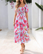 Arenzza women's floral square neck puff sleeve smocked tiered dress in vibrant summer print, short sleeves, and flattering fit.
