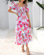 Arenzza women's floral square neck puff short sleeve smocked tiered dress, featuring a colorful floral pattern and tiered design.