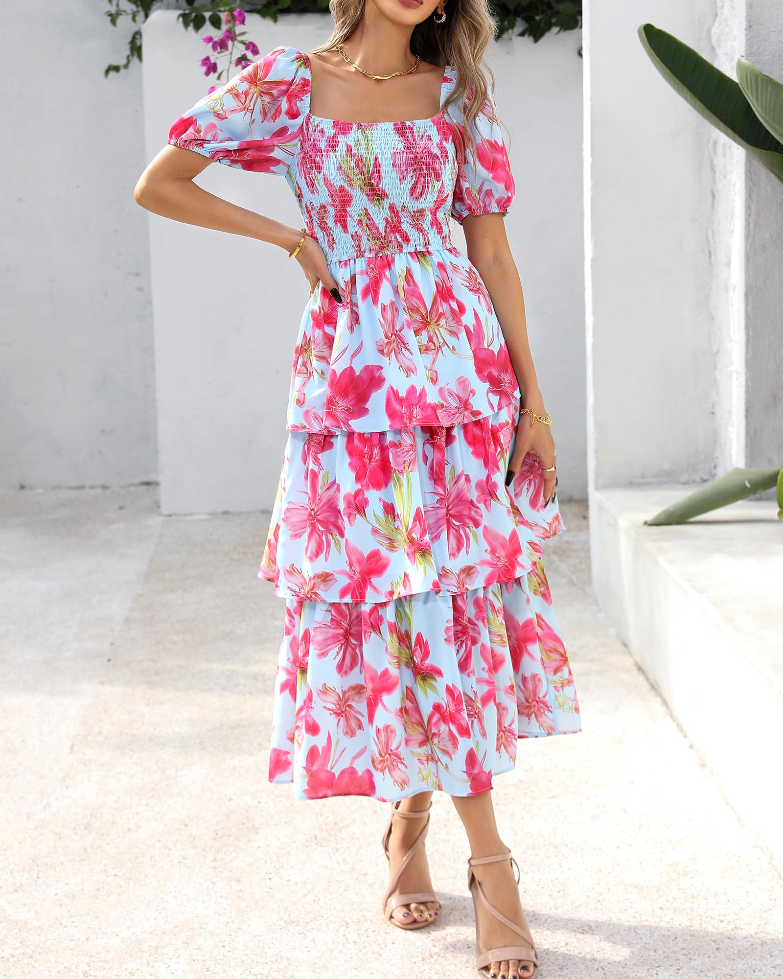 Arenzza women's floral square neck puff short sleeve smocked tiered dress, featuring a colorful floral pattern and tiered design.