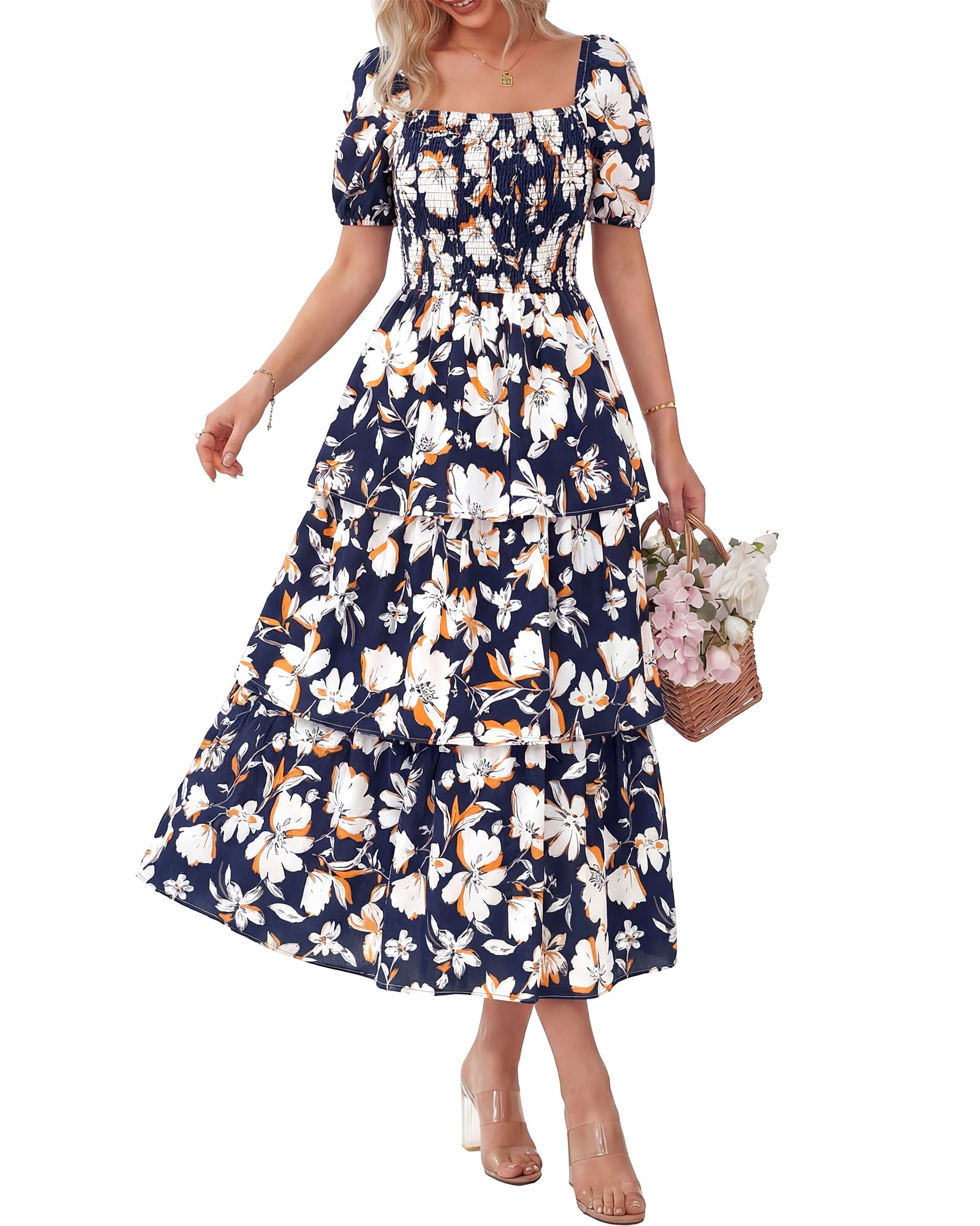 Women's floral square neck puff sleeve tiered dress by Arenzza, featuring short sleeves and smocked bodice in vibrant summer print.