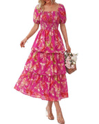 Aarenza women's floral square neck puff sleeve smocked tiered dress with short sleeves, perfect for summer fashion.