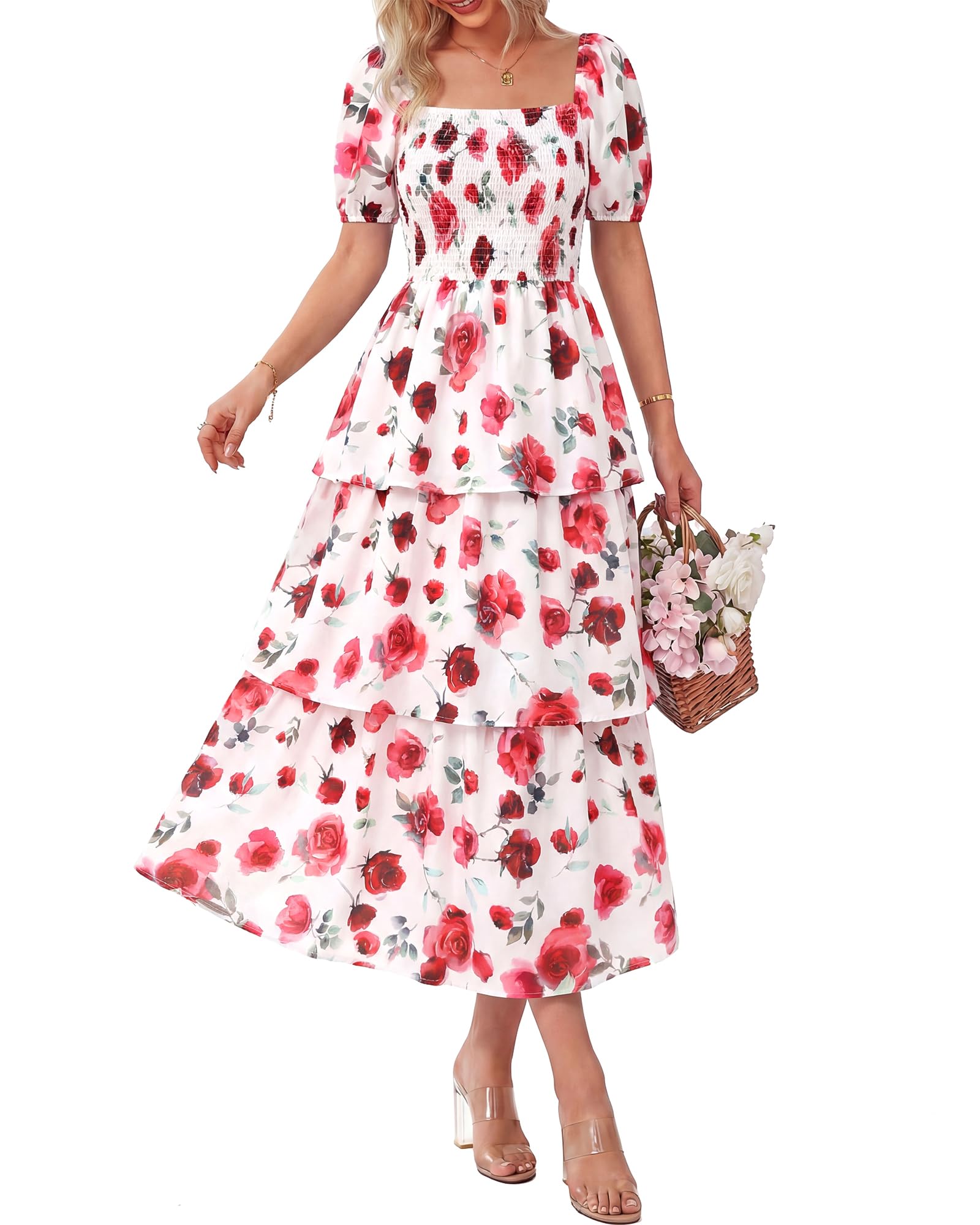 A women's floral square neck puff sleeve smocked tiered dress by Arenzza, perfect for summer, shown with short sleeves and floral pattern.