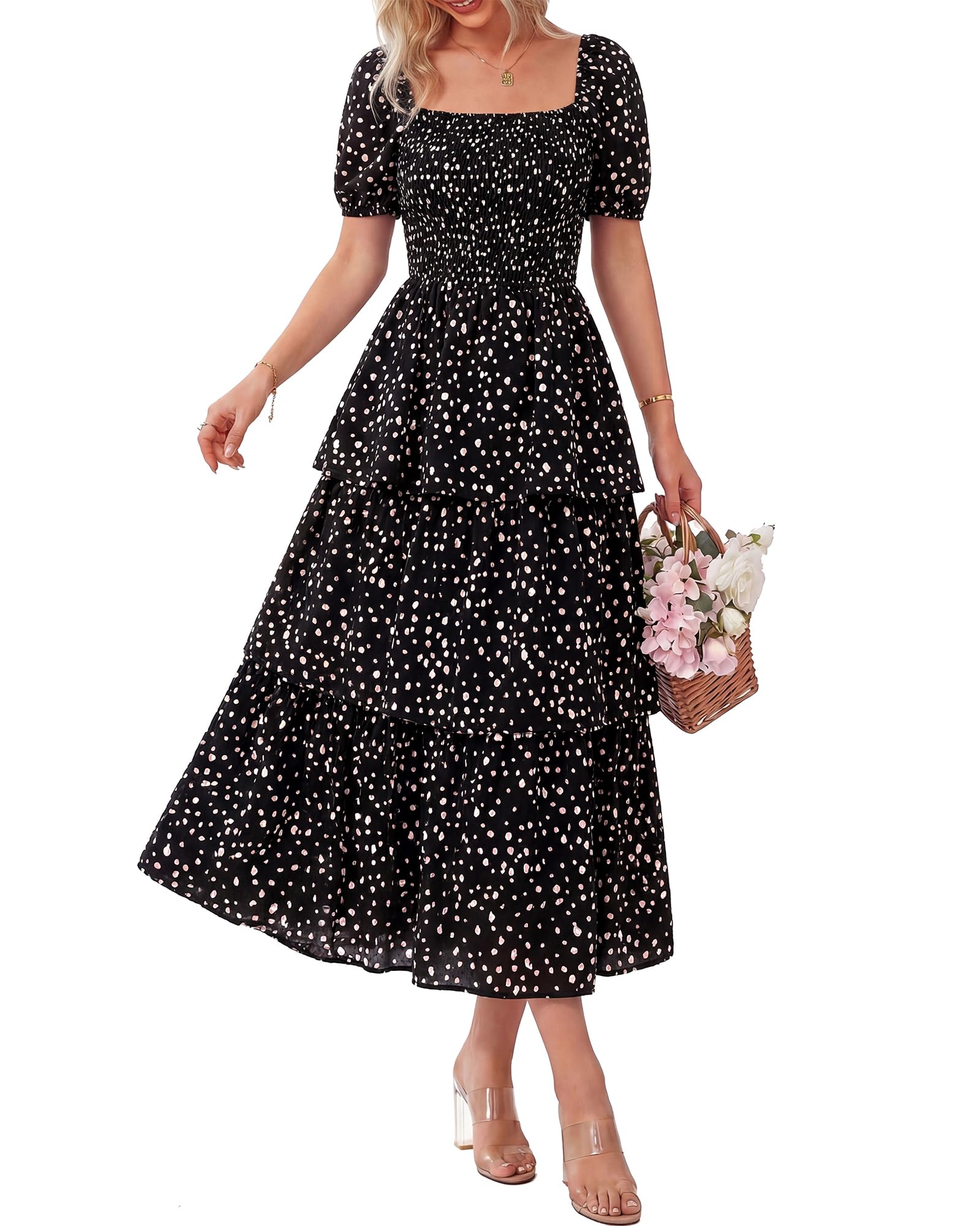 A women's floral square neck puff sleeve dress by Arenzza with smocked bodice and tiered design, perfect for summer.