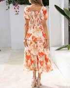 Aarenza women's floral square neck puff short sleeve smocked tiered dress, perfect for summer, featuring colorful floral patterns.
