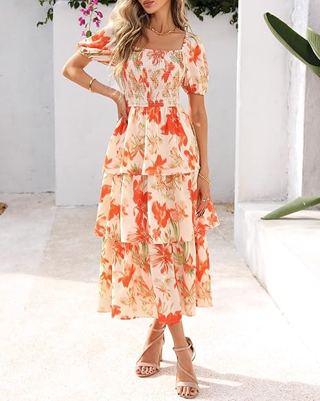 Arenzza women's floral tiered short sleeve dress with square neckline, puff sleeves, and smocked waist, perfect for summer.