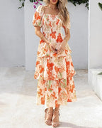 Aarenza women's floral square neck puff short sleeve smocked tiered dress, lightweight fabric with colorful floral pattern.