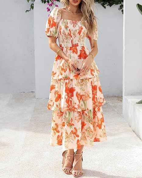 Aarenza women's floral square neck puff short sleeve smocked tiered dress, lightweight fabric with colorful floral pattern.