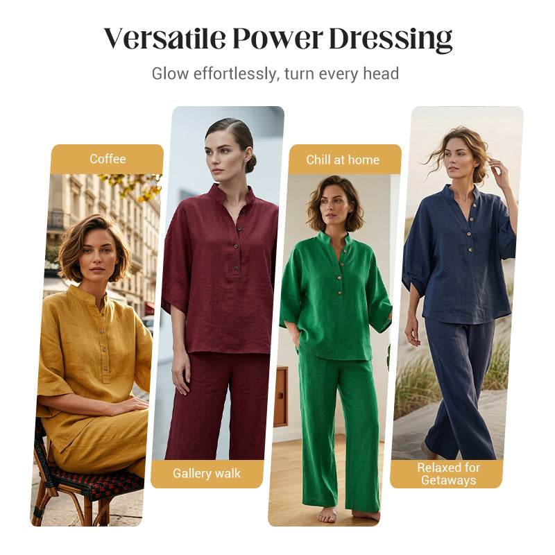Arenzza women's stand-up collar top and wide-leg pants set, stylish clothing ensemble with a modern fit and neutral color.