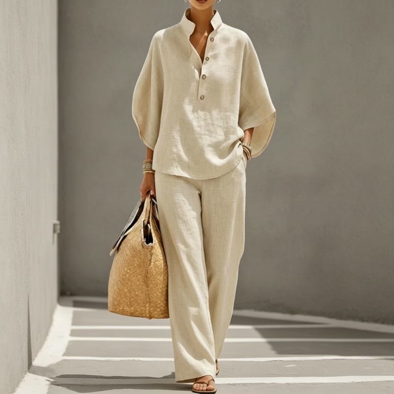 Arenzza women's stand-up collar top and wide-leg pants set, stylish clothing ensemble, shown in the image.