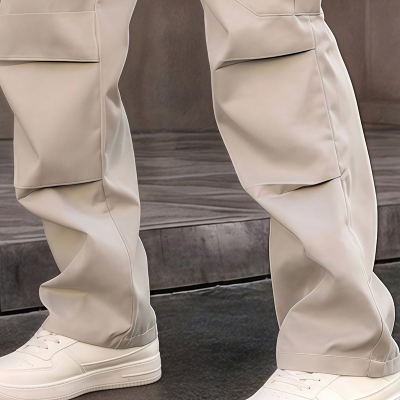 A pair of Arenzza men's multi-pocket straight-leg cargo pants showing multiple functional pockets and a relaxed fit.