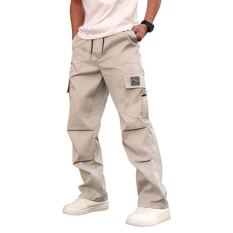 A pair of Arenzza men's multi-pocket straight-leg cargo pants showing multiple side and back pockets in a casual fit.