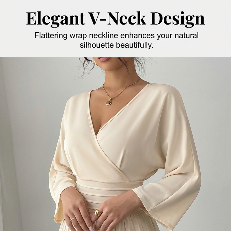 Aarenza elegant V-neck pleated wide-leg jumpsuit in soft fabric, styled on a model for a chic, comfortable look for all occasions.