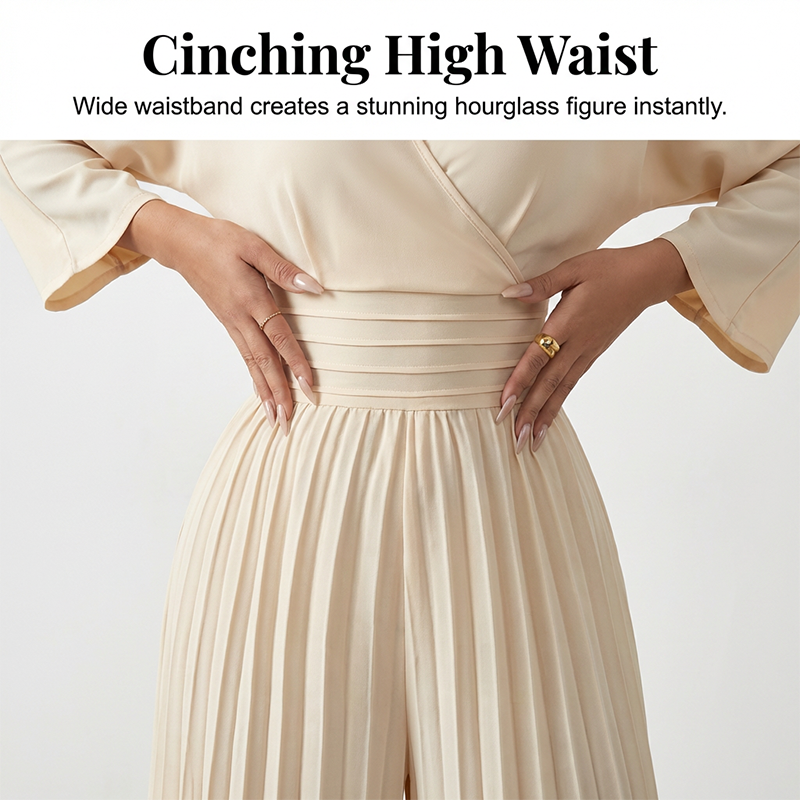 Aarenza elegant V-neck pleated wide-leg jumpsuit in soft fabric, stylish and comfortable for any occasion, shown on a model.