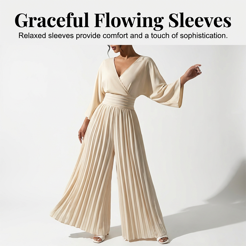 Aarenza elegant V-neck pleated wide-leg jumpsuit in soft fabric, showcasing its chic design and comfortable fit for any occasion.