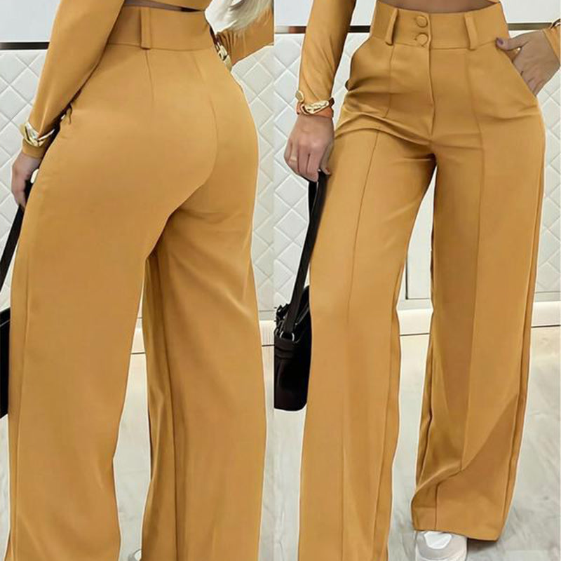A pair of women's high-waist wide-leg solid color trousers from Arenzza, featuring a stylish and comfortable fit.