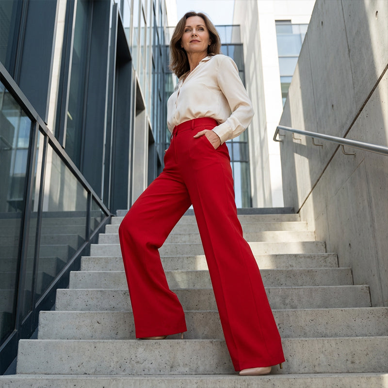 A woman wears high-waist wide-leg solid color trousers by Arenzza, showcasing the relaxed fit and sleek style.