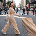 A pair of women's high-waist wide-leg solid color trousers from Arenzza, displayed flat with a focus on the fit and fabric.