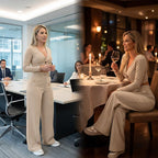 Women's high-waist wide-leg solid color trousers by Arenzza, shown in a stylish fit on a model.