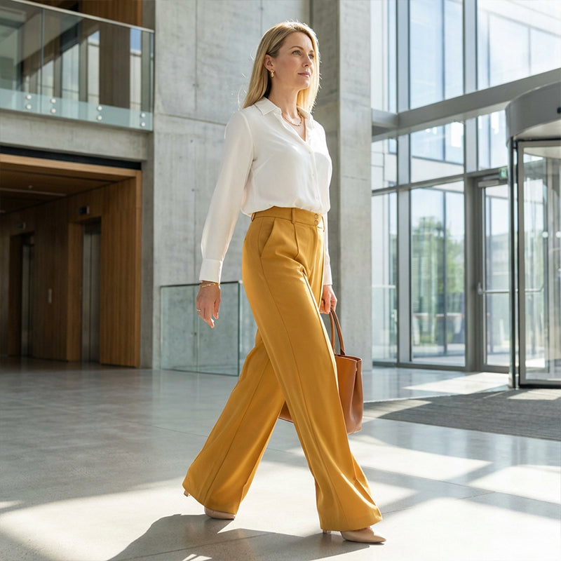 A pair of women's high-waist wide-leg solid color trousers from Arenzza, featuring a relaxed fit and sleek fabric.