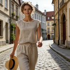 Women's lace trim sleeveless blouse by Arenzza, featuring a lightweight summer style with delicate lace details and a relaxed fit.