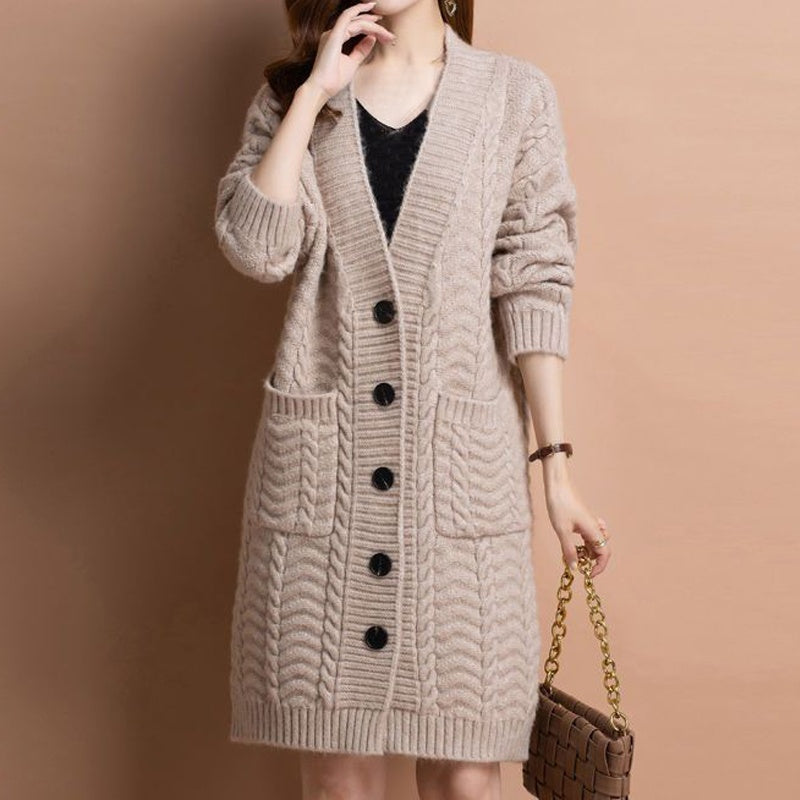 Women's long V-neck knit cardigan with pockets by Arenzza, featuring a cozy, stylish design and a comfortable fit.