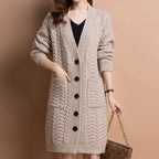 Women's long V-neck knit cardigan with pockets by Arenzza, featuring a cozy, stylish design in soft fabric.