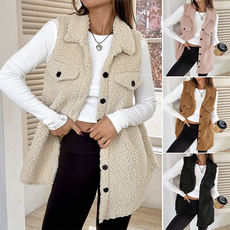 A women's warm fuzzy long button-up collar vest in soft beige, featuring a cozy collar and plush texture from Arenzza.