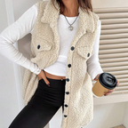 Aarenza women's fuzzy long button-up collar vest in warm, plush material, featuring a stylish collar and button closure.