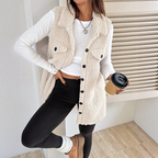 Women's warm fuzzy long button-up collar vest by Arenzza, featuring a soft plush texture and a stylish collar design.