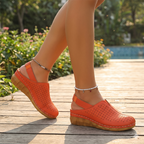 A pair of Arenzza women's casual perforated wedge slingback sandals with open toes and adjustable straps.