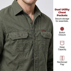 Men's long sleeve cotton workwear shirt by Arenzza, durable and comfortable for everyday work, shown in a natural fabric close-up.