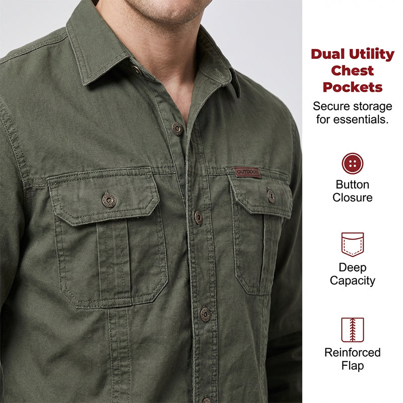 Men's long sleeve cotton workwear shirt by Arenzza, durable and comfortable for everyday work, shown in a natural fabric close-up.