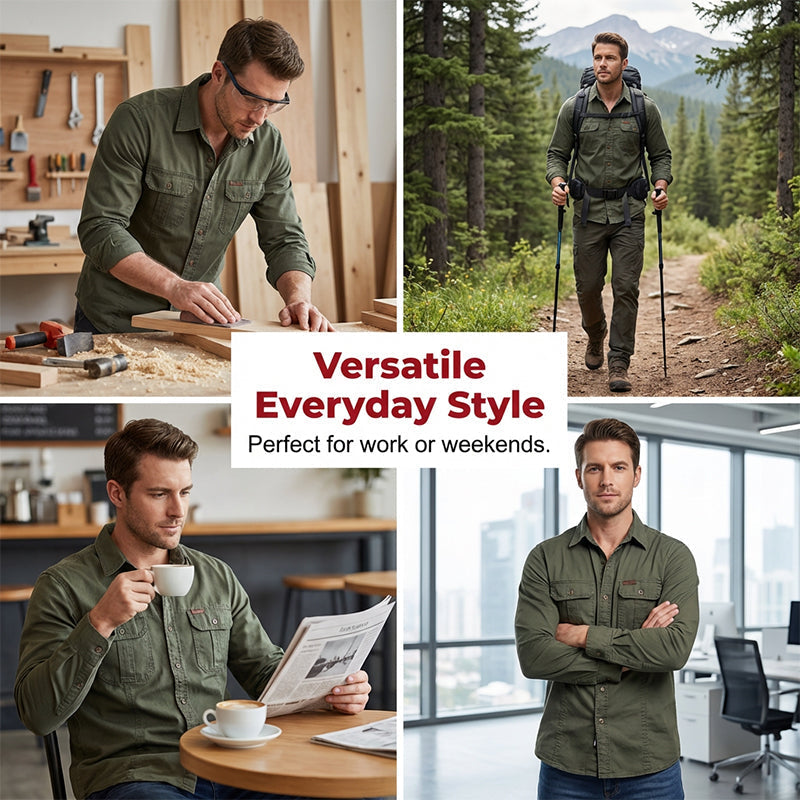 Men's long sleeve cotton workwear shirt by Arenzza, durable and comfortable for daily work, in a classic design.