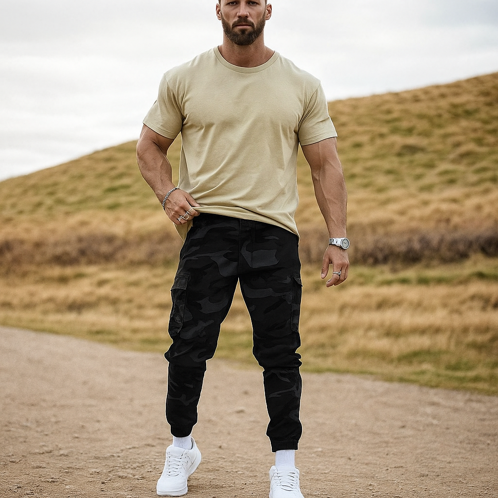 A pair of Arenzza rugged tactical work pants made of durable nylon-cotton with multiple pockets, suitable for outdoor and work activities.