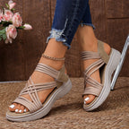 Arenzza women's elastic strap platform sport sandals with chunky soles, beige color, designed for all-day comfortable walking.