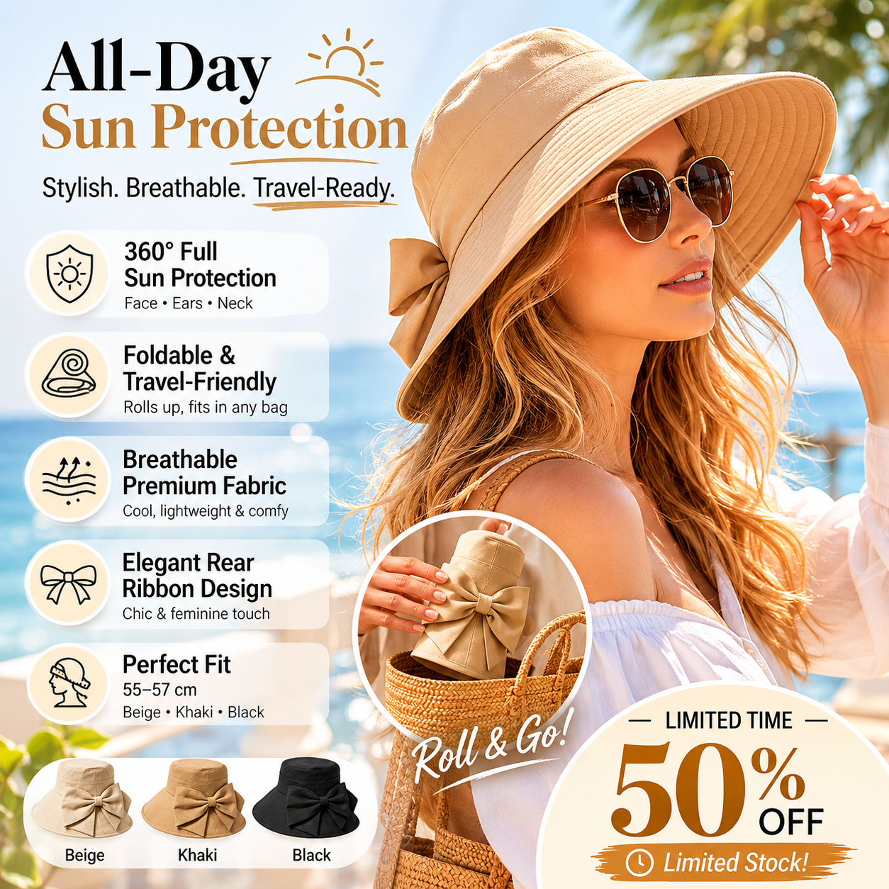 Arenzza women's bowknot wide brim sun hat with foldable design and 360° sun protection, stylish accessory for sunny days.