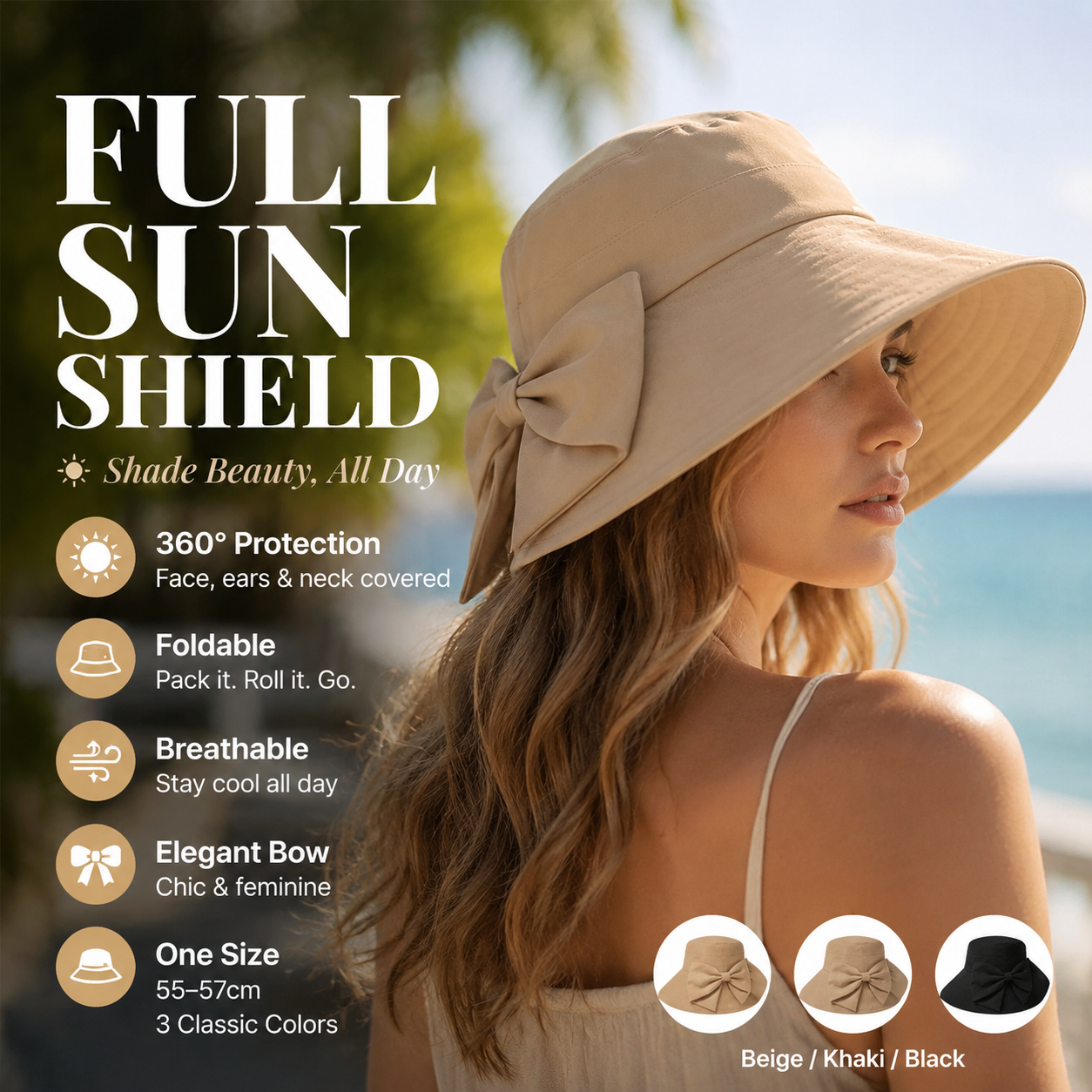 A women's wide brim sun hat by Arenzza with a bowknot, foldable design, providing 360° sun protection, in a stylish beige color.