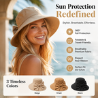 A woman wearing a white Arenzza women's bowknot wide brim sun hat, foldable design, providing 360° sun protection in a sunny outdoor setting.