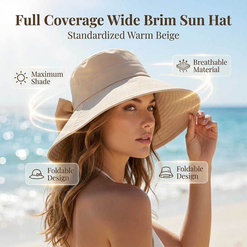 Aarenza women's wide brim sun hat with a bowknot, foldable design, offering 360° sun protection, stylish outdoor accessory
